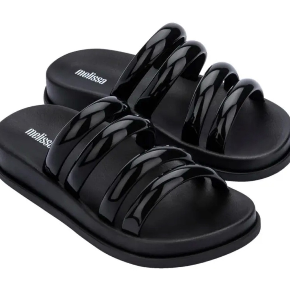 Melissa Soft Wave Glossy Black Multi-Strap Slides size 6-6.5/EU37 EUC